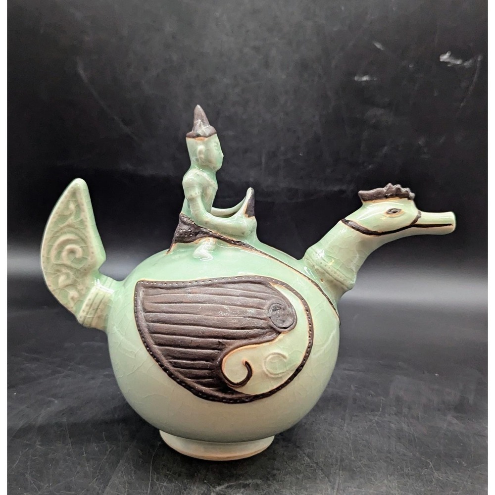 Vintage Celadon Glaze Dragon Rider Teapot 9" Signed Asain Thailand